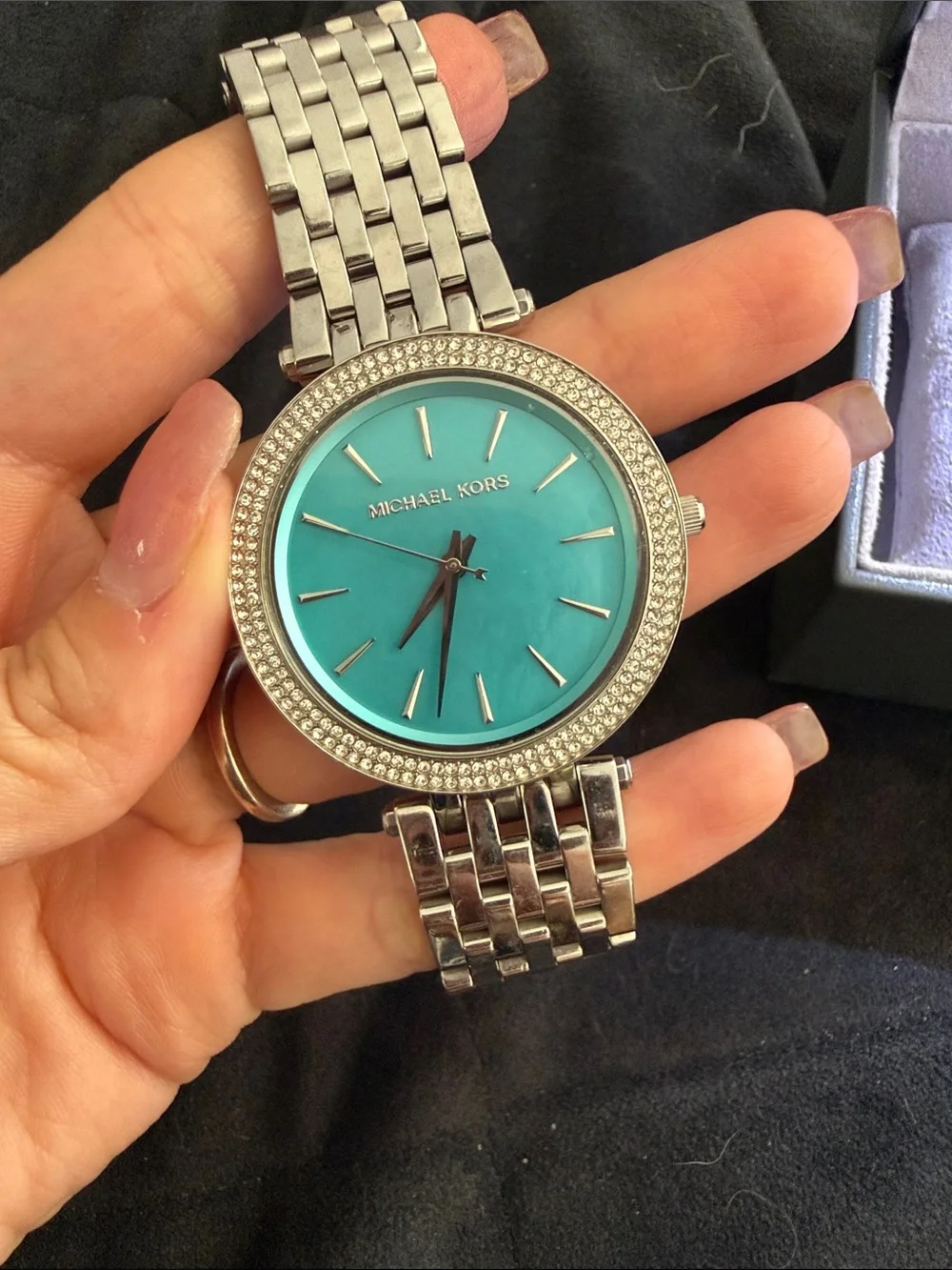 Michael Kors Silver Watch with Turquoise Dial and Crystal Bezel
